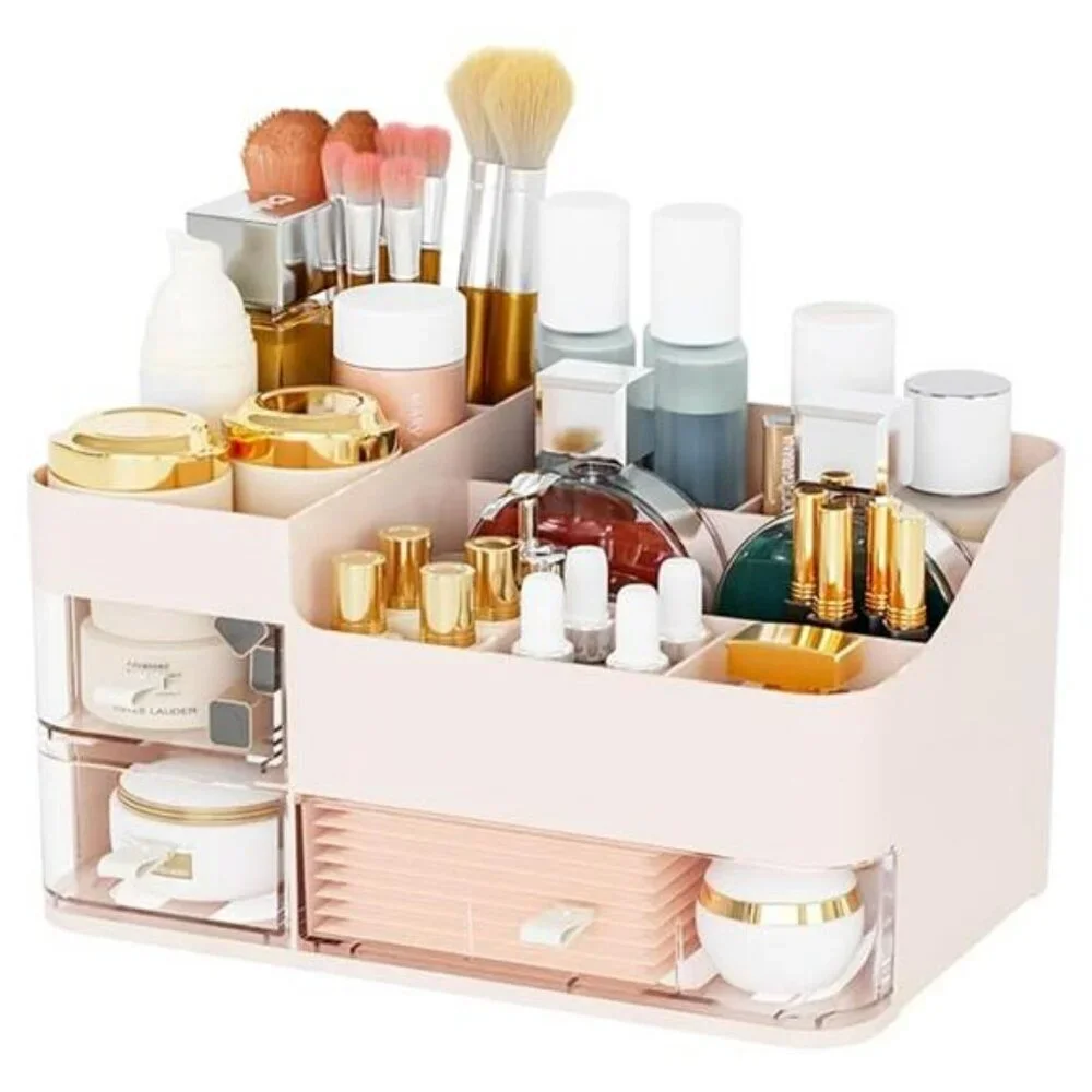 Pink Makeup Organizer with Drawers Large Skincare Vanity Storage Box
